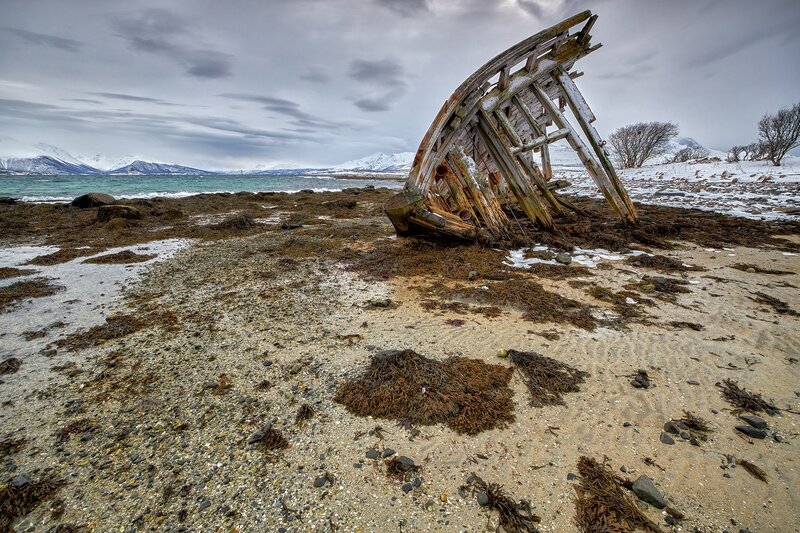Shipwreck on Beach — Gray, Dreary