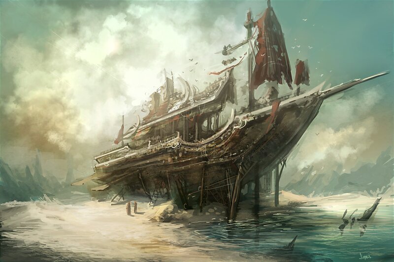 Shipwreck on Beach — Green, Dramatic, Digital Art, Ship
