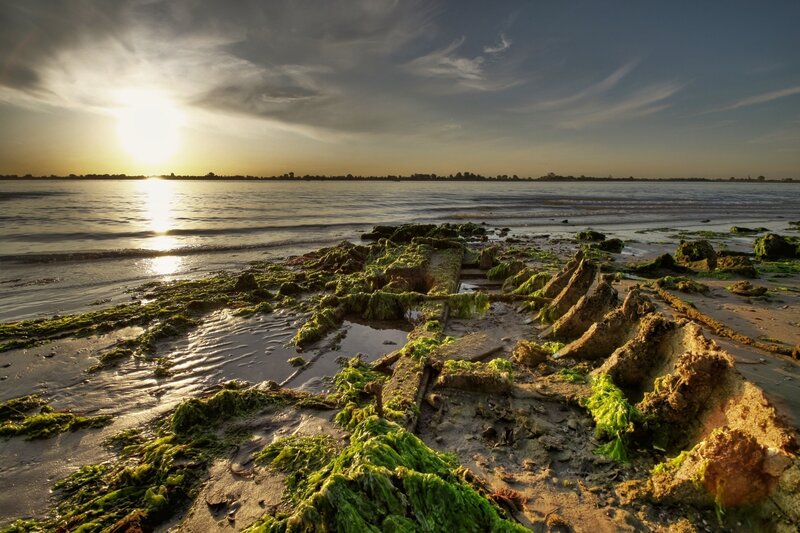 Shipwreck on Beach — Green, Dramatic, Sunset
