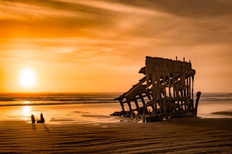 Shipwreck on Beach — Orange, Dramatic, Sunset, Photograph, Sun