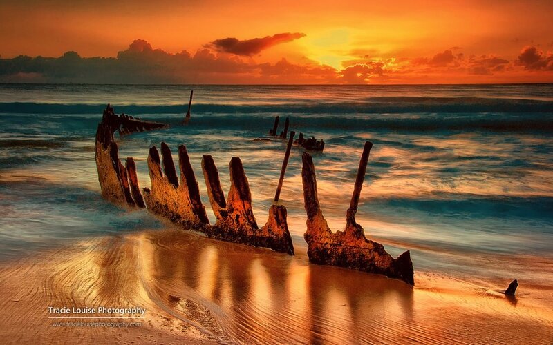 Shipwreck on Beach — Orange, Dramatic, Sunset, Photograph