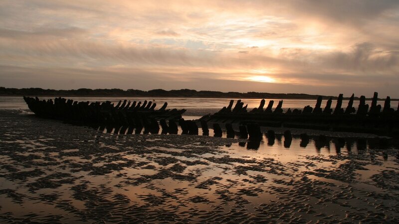 Shipwreck on Beach — Orange, Dramatic, Sunset, Photograph, Water