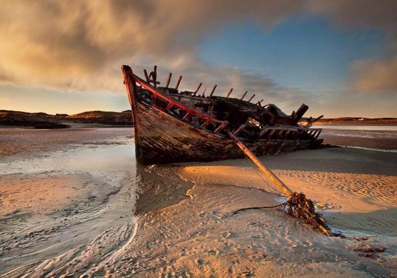 Shipwreck on Beach — Orange, Dramatic, Sunset