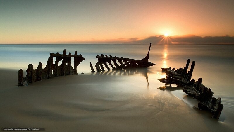 Shipwreck on Beach — Orange, Serene, Sunset