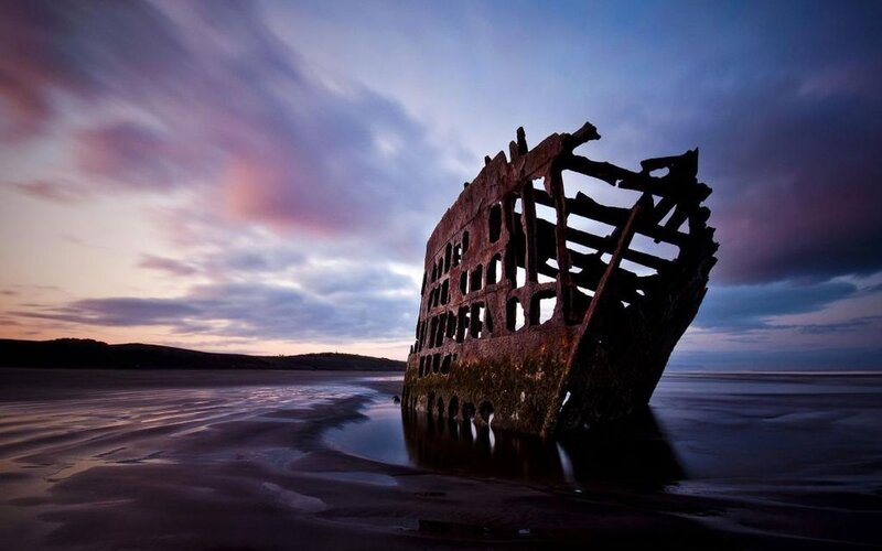 Shipwreck on Beach — Purple, Dramatic, Sunset, Photograph