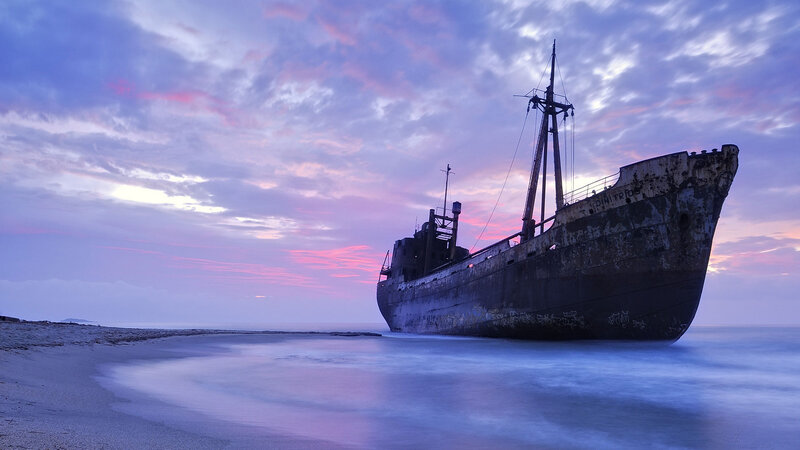 Shipwreck on Beach — Purple, Dramatic