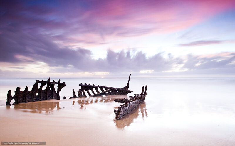 Shipwreck on Beach — Purple, Serene, Sunset