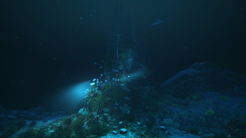 Shipwreck on Ocean Floor — Blue, Dark, Mysterious
