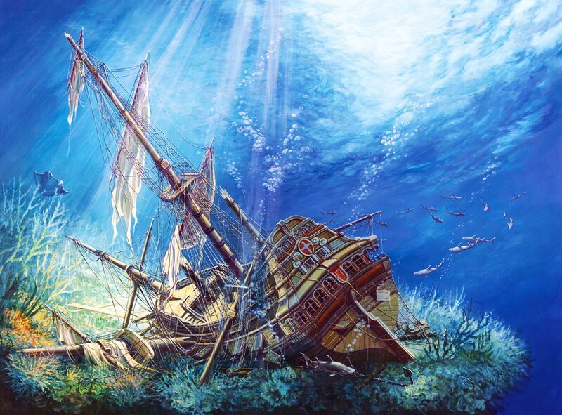 Shipwreck on Ocean Floor — Blue, Dramatic