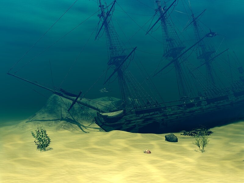 Shipwreck on Ocean Floor — Blue, Serene, 3d Render
