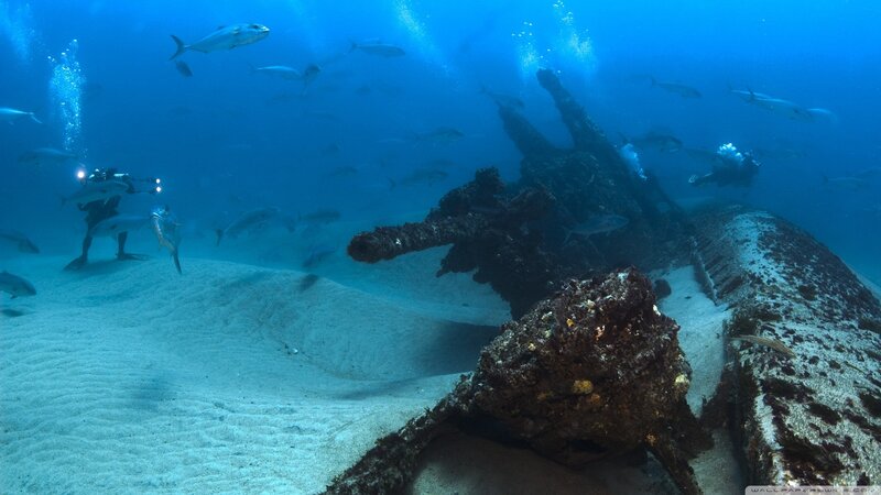 Shipwreck on Ocean Floor — Blue, Serene, Photograph