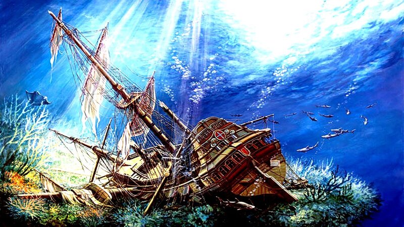 Shipwreck on Ocean Floor — Blue