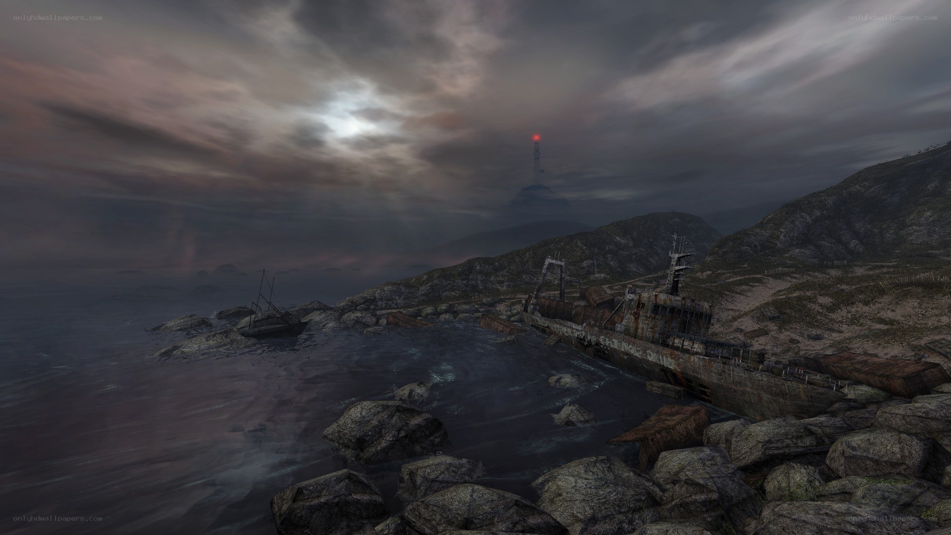 shipwreck on rocky shore