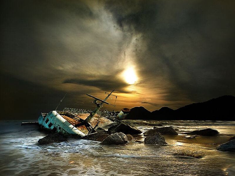 Shipwreck on Rocky Shore — Black