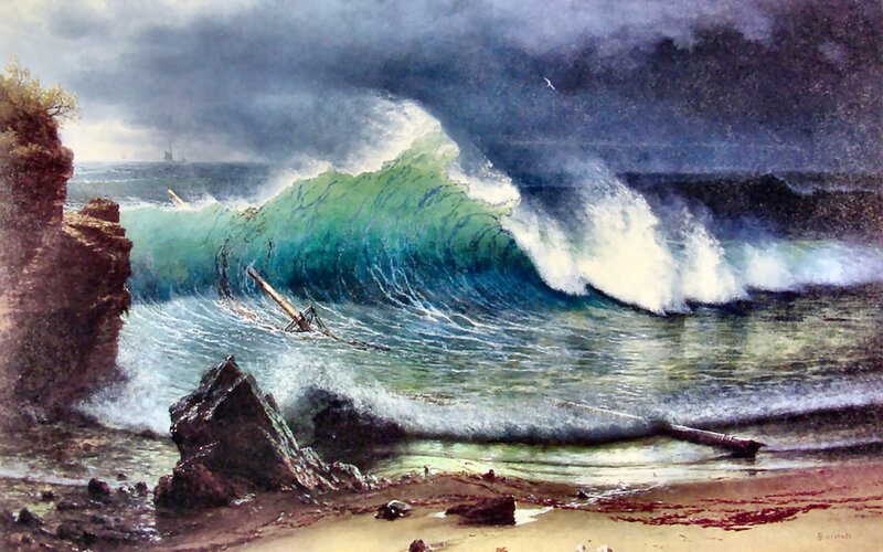 Shipwreck on Rocky Shore — Blue, Dramatic, Painting