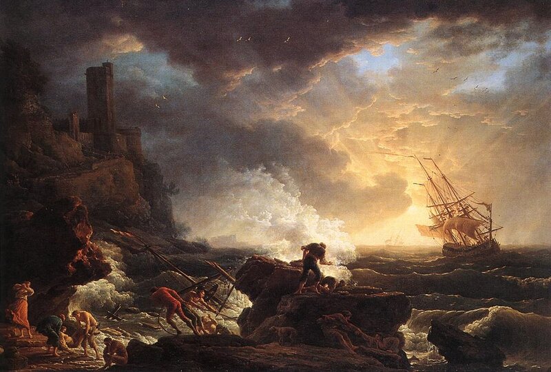 Shipwreck on Rocky Shore — Brown, Dramatic, Sunset, Painting
