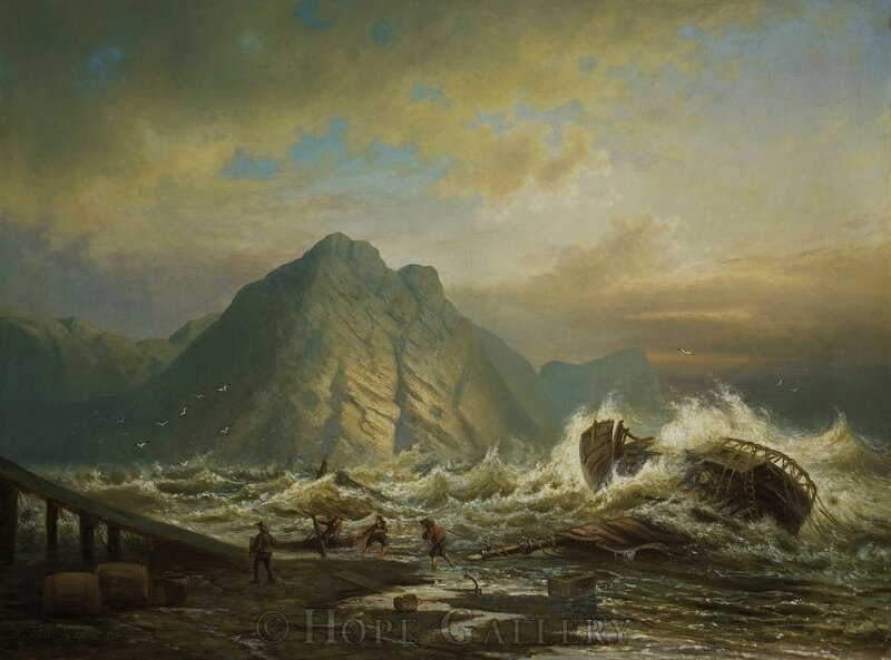 Shipwreck on Rocky Shore — Brown, Dramatic, Sunset