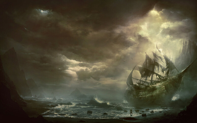 Shipwreck on Rocky Shore — Dark Gray, Dramatic