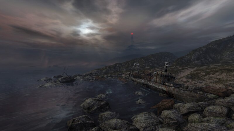 Shipwreck on Rocky Shore — Gray, Dramatic, Night, 3d Render