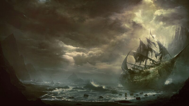 Shipwreck on Rocky Shore — Gray, Dramatic, Night, Digital Art, Sailboat
