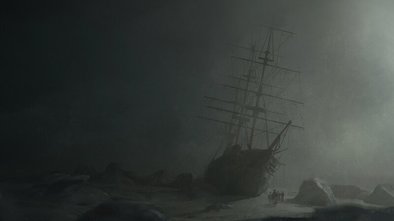 Shipwreck on Rocky Shore — Gray, Dramatic, Night