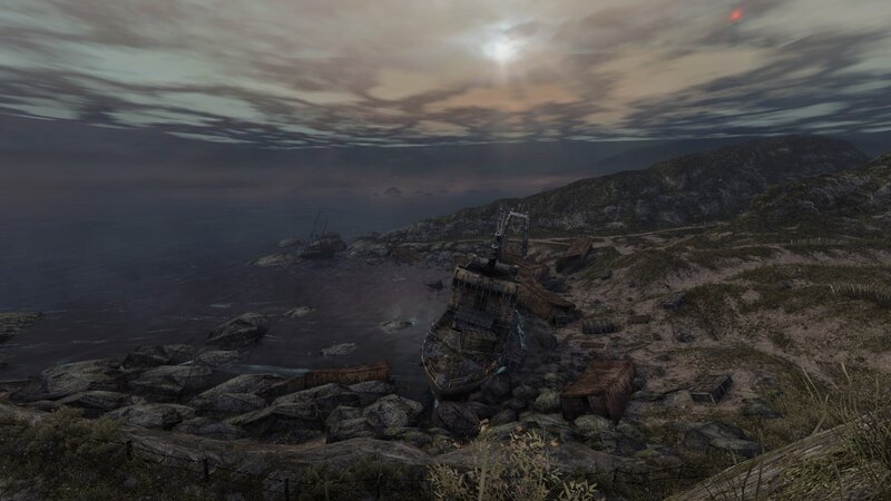 Shipwreck on Rocky Shore — Gray, Dramatic, Sunset, 3d Render