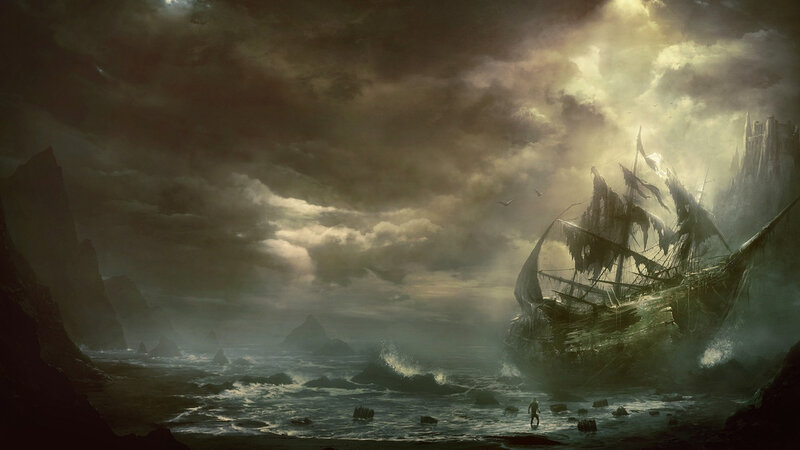 Shipwreck on Rocky Shore — Gray, Dramatic