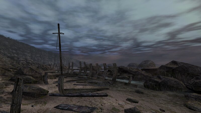 Shipwreck on Rocky Shore — Gray, Dreary