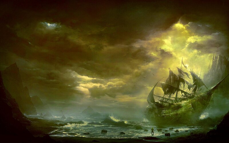 Shipwreck on Rocky Shore — Green