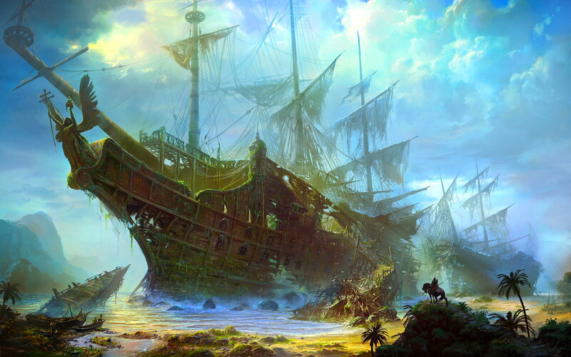 Shipwreck on Tropical Shore — Blue