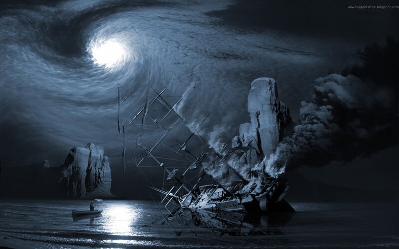 Shipwreck under stormy sky