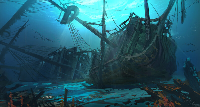 Shipwreck Underwater — Blue, Dramatic, Digital Art