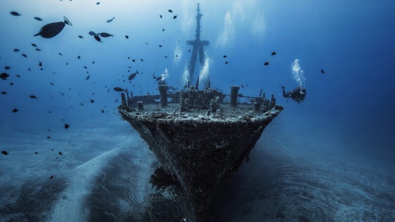 Shipwreck Underwater — Blue, Serene, Photograph, Diver, Fish