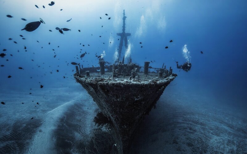 Shipwreck Underwater — Blue, Serene, Photograph, Diver