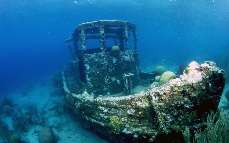 Shipwreck Underwater — Blue, Serene, Photograph