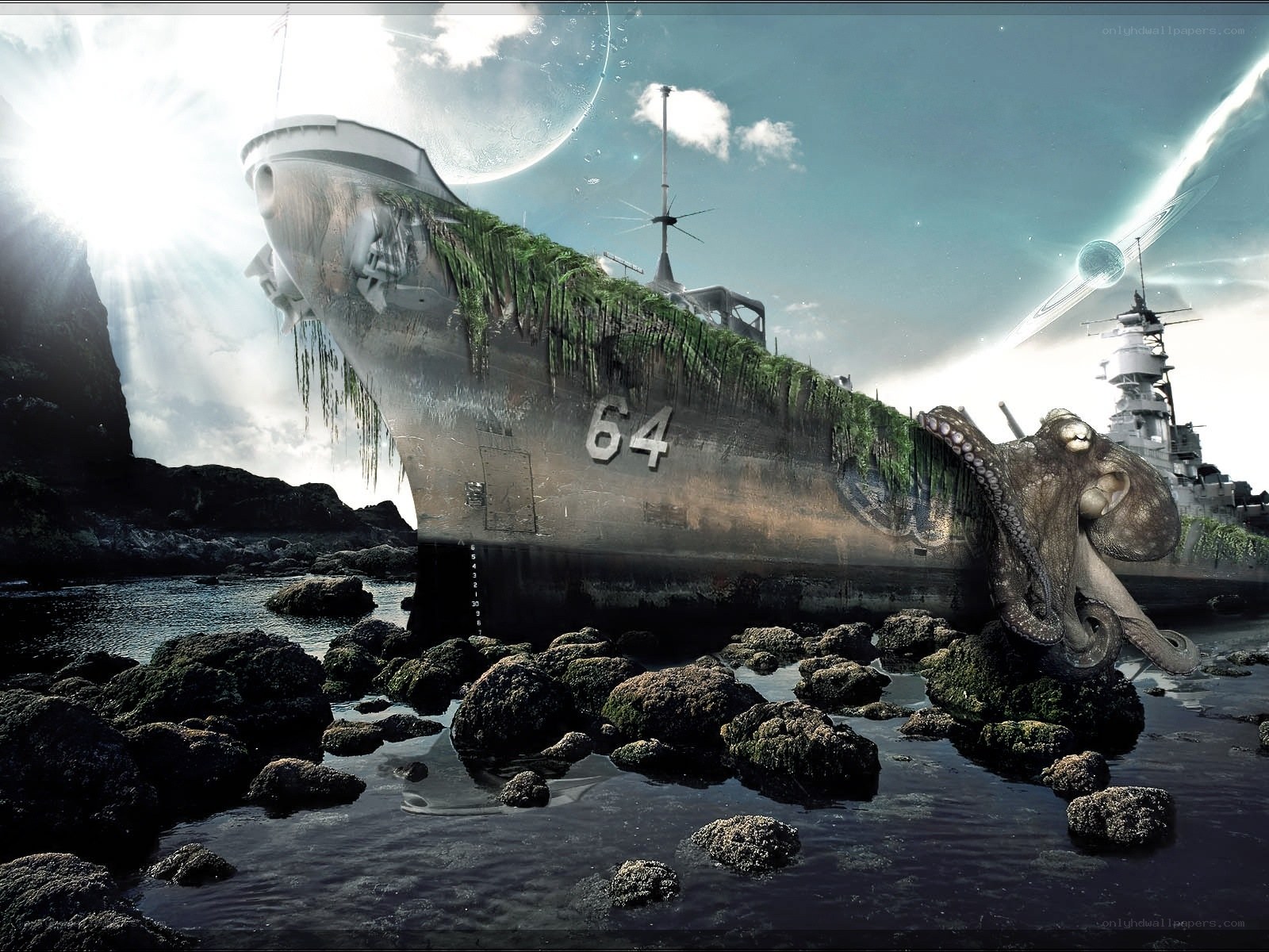 shipwreck with giant octopus