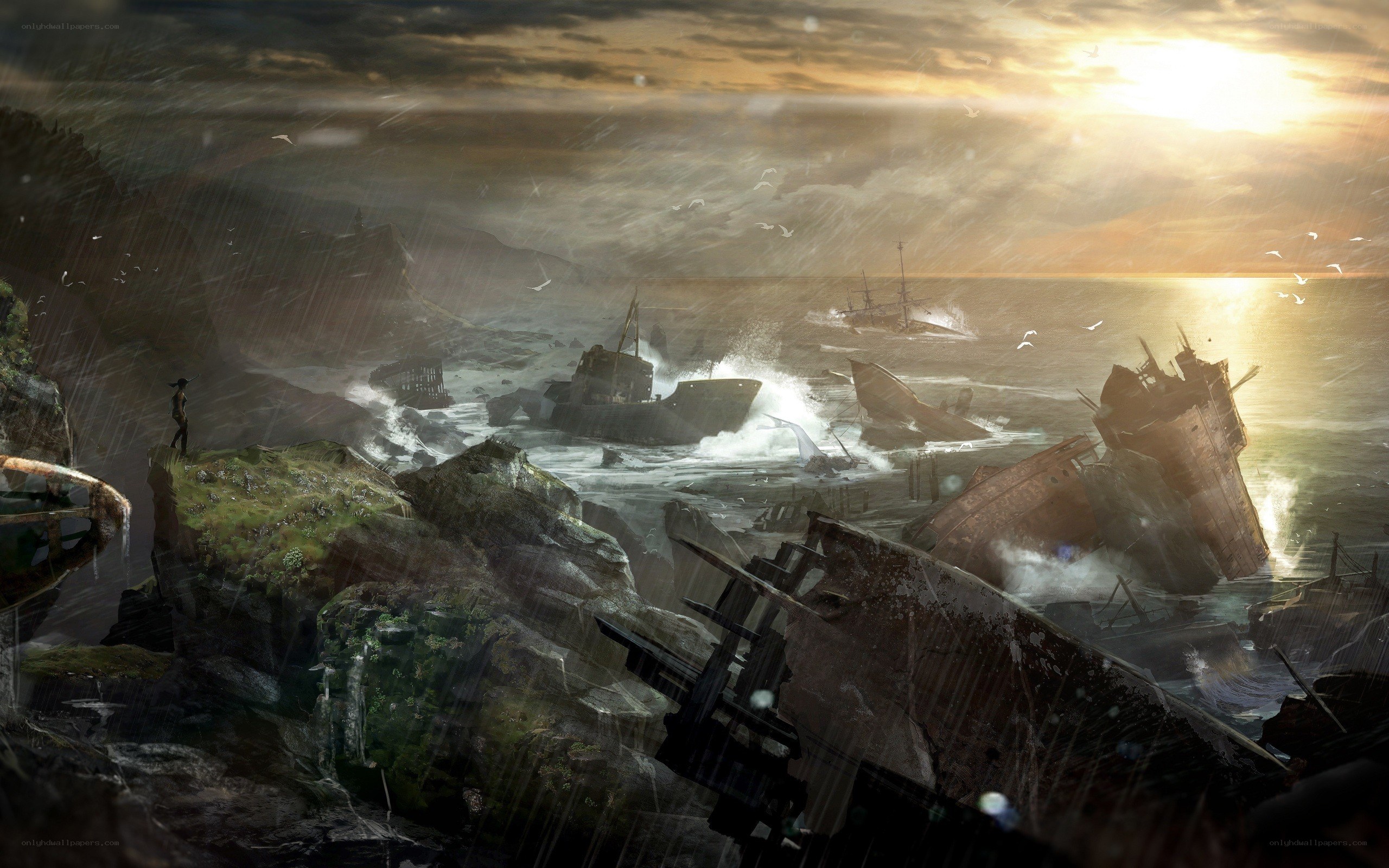 Shipwrecked at stormy sunset