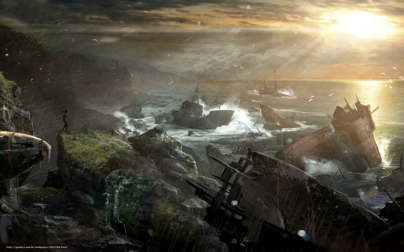 Shipwrecked at stormy sunset