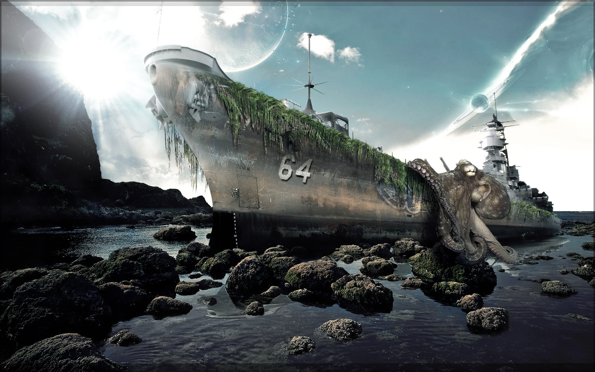 shipwrecked battleship with octopus