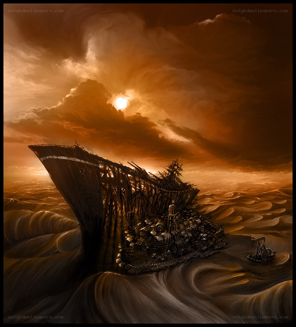 Shipwrecked city at sunset