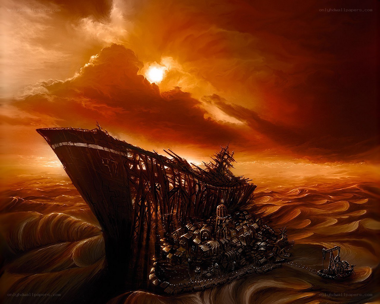 Shipwrecked city at sunset