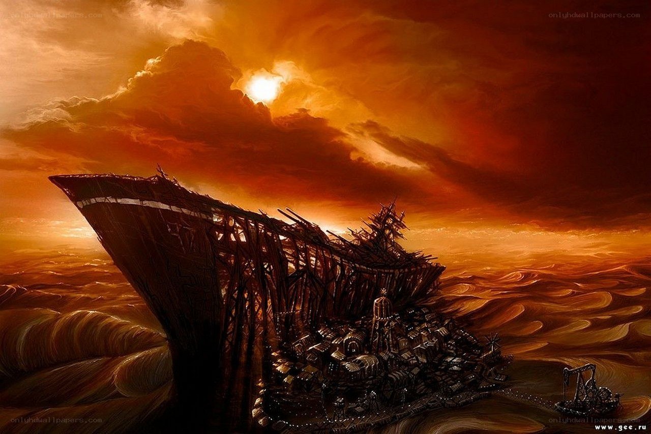 shipwrecked city at sunset