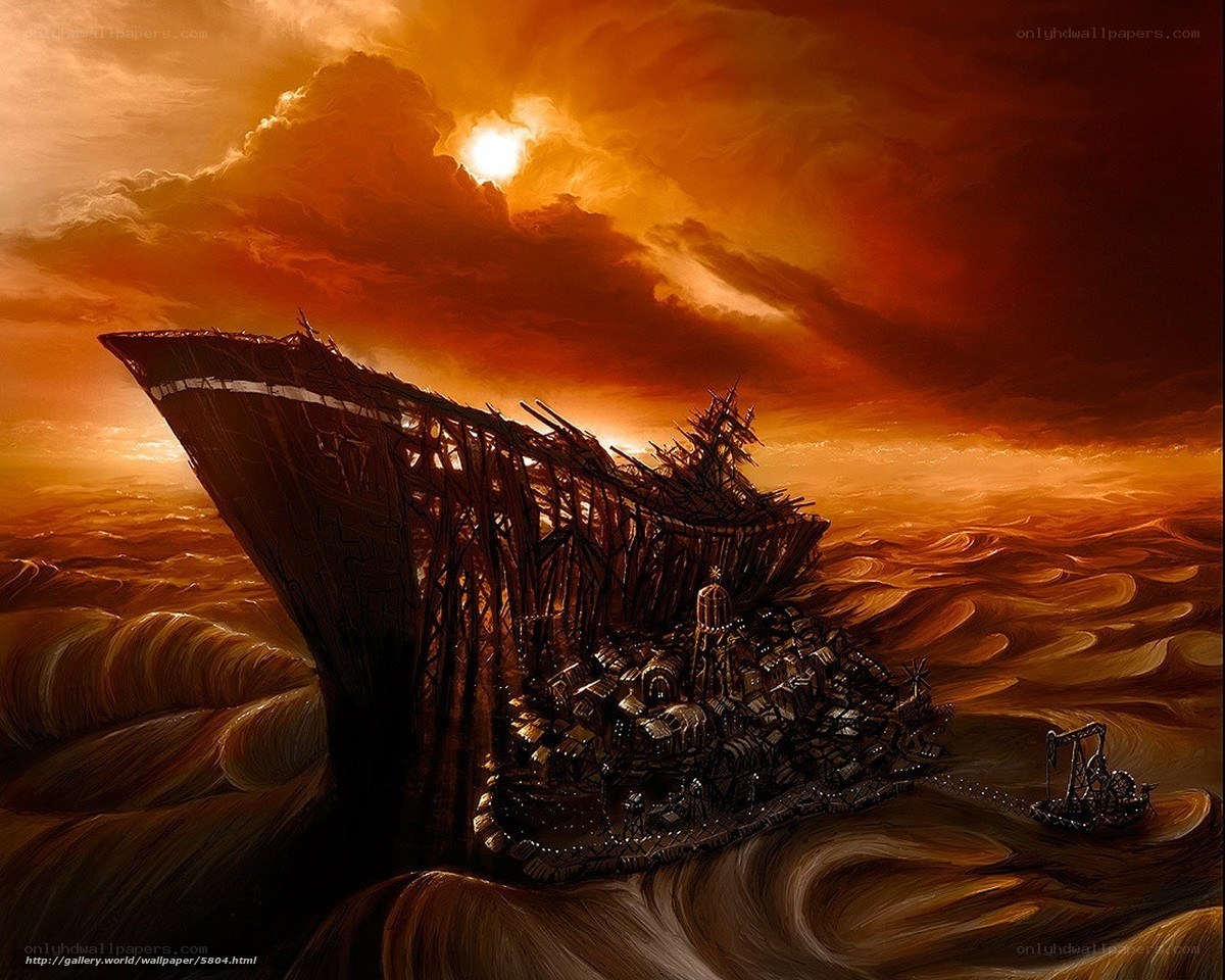 shipwrecked city at sunset