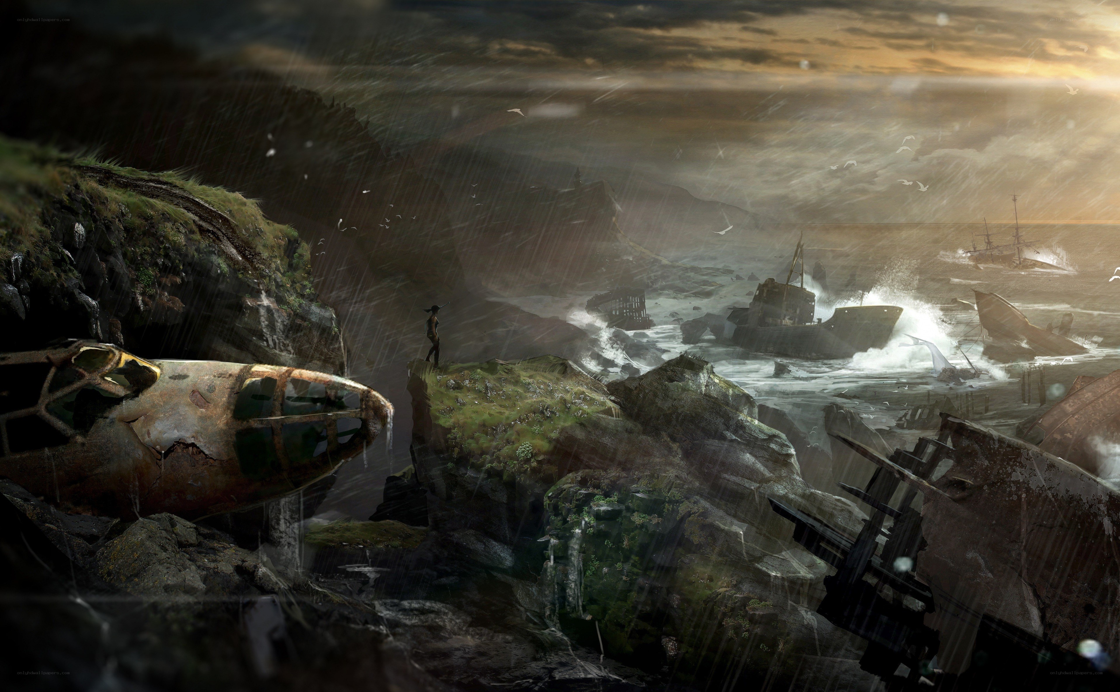 shipwrecked coast at stormy dusk