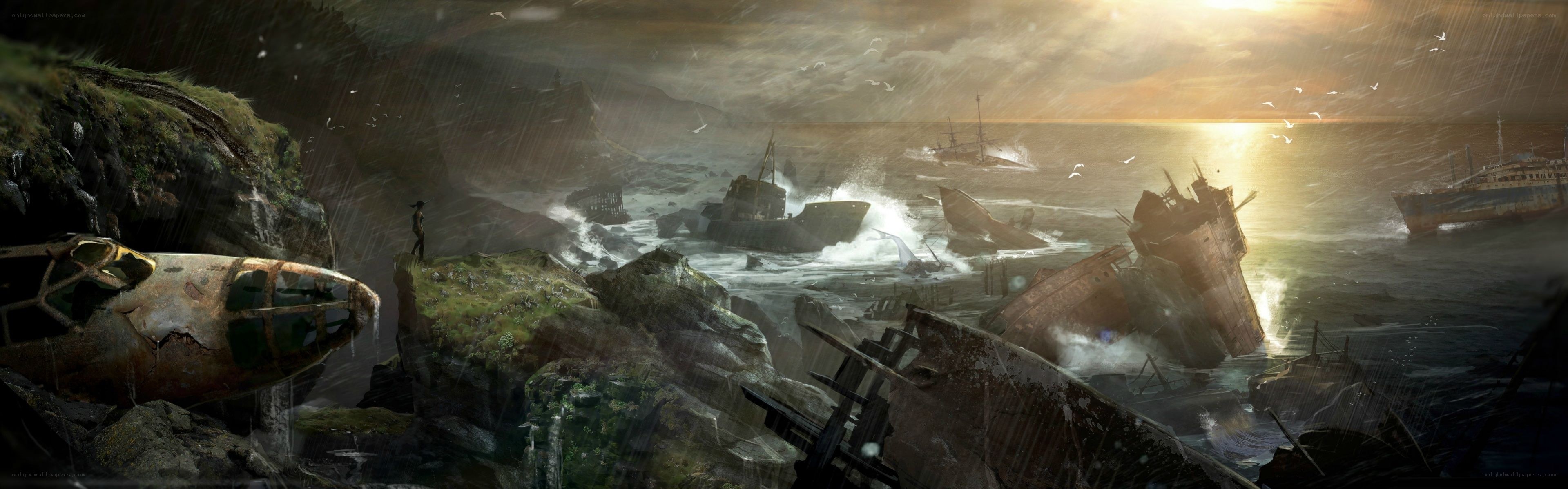 shipwrecked coast at sunset