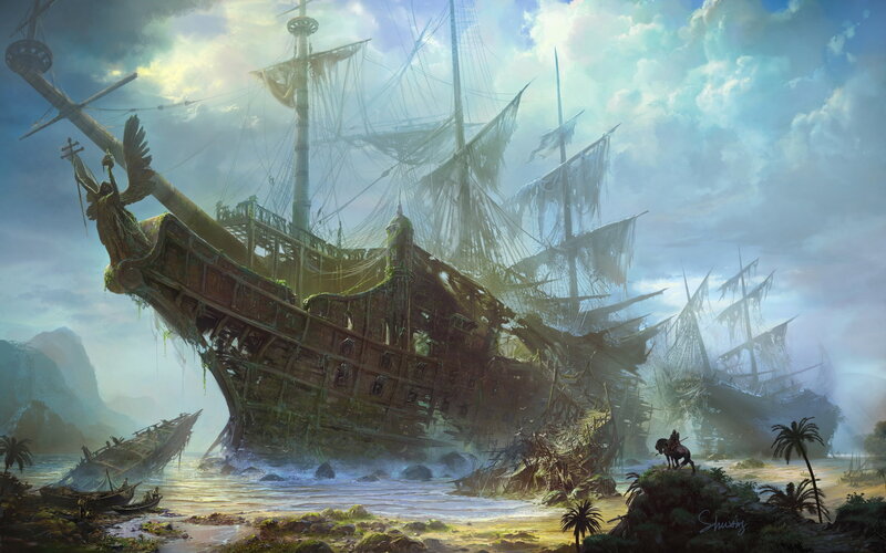 Shipwrecked Galleon — Blue, Dramatic, Afternoon