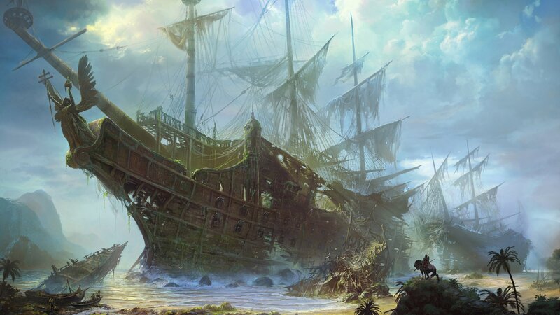 shipwrecked galleon on shore