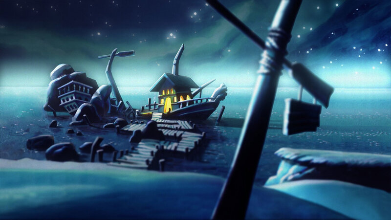 shipwrecked house at night