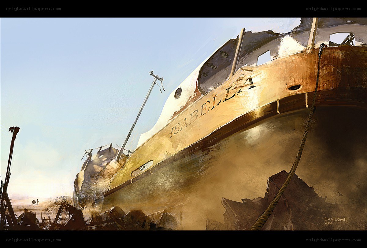 Shipwrecked vessel in desert