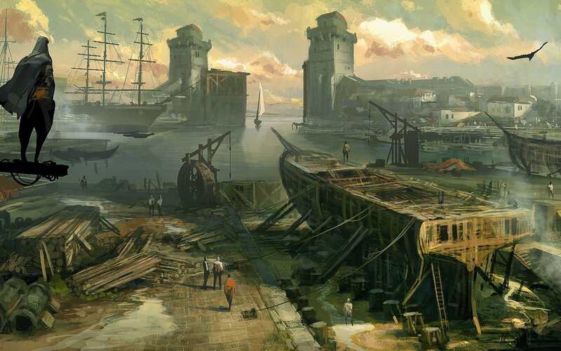 Shipyard at Sunset — Green, Dramatic